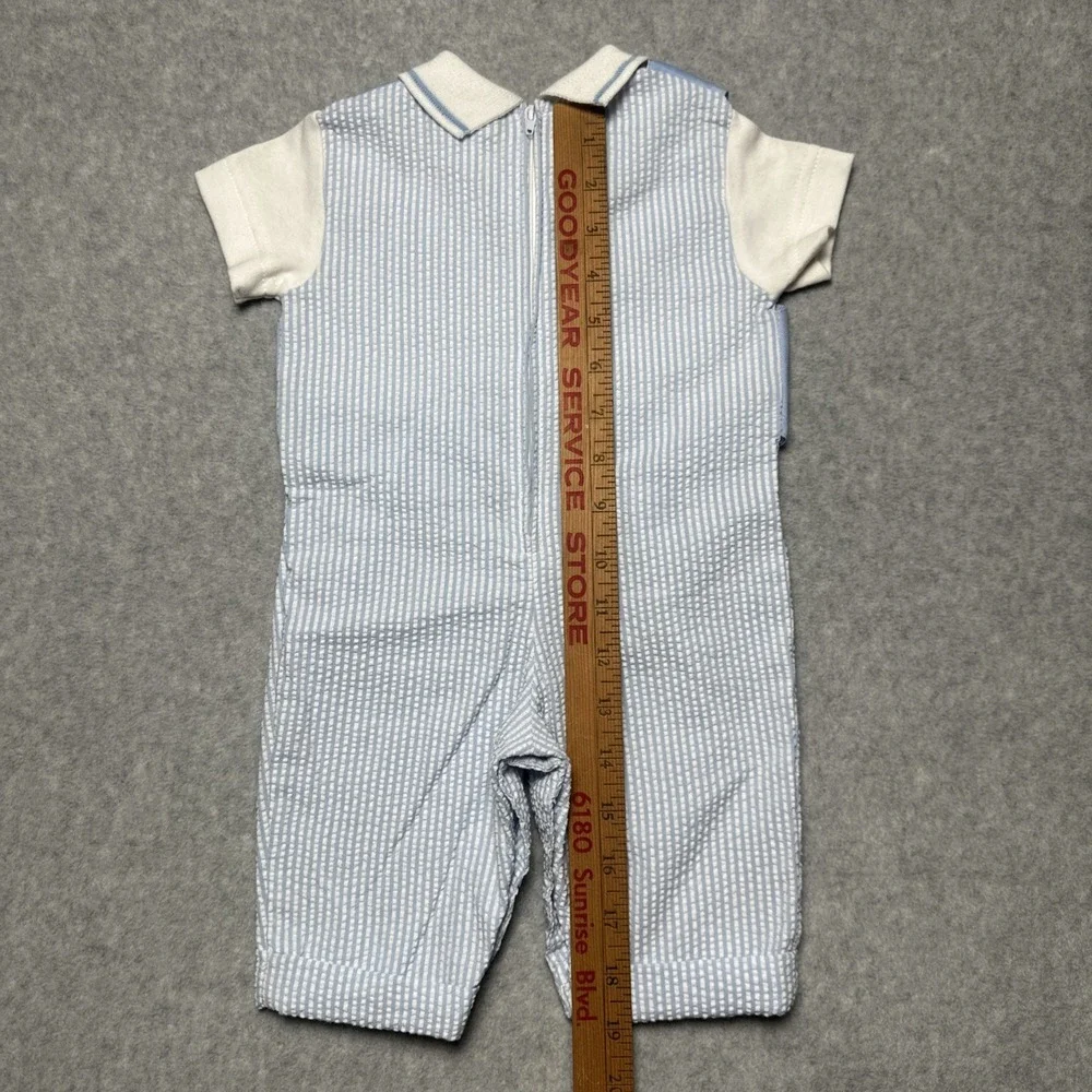 Vintage Baby Togs Overalls Outfit 3-6 Months Dog Puppy Seersucker Baby Blue NWOT